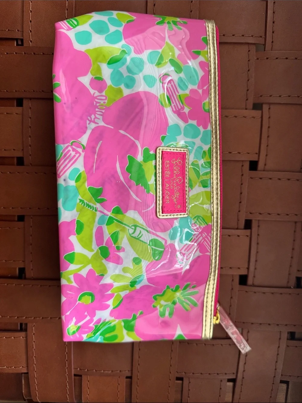 Lilly Pulitzer Hot Pink Floral Cosmetic Pouch with Gold Trim